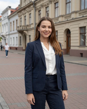 Rūta, 32, Lithuanian woman from Kaunas standing on Laisvės Alėja boulevard with art deco architecture