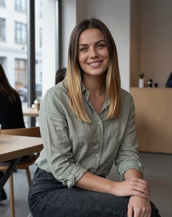 Anna, 28, German woman from Berlin with a warm smile in a modern cafe