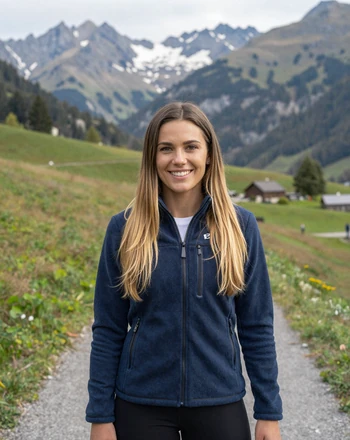 Laura, 26, Liechtenstein woman from Schaan on an Alpine hiking trail with green meadows and mountain peaks