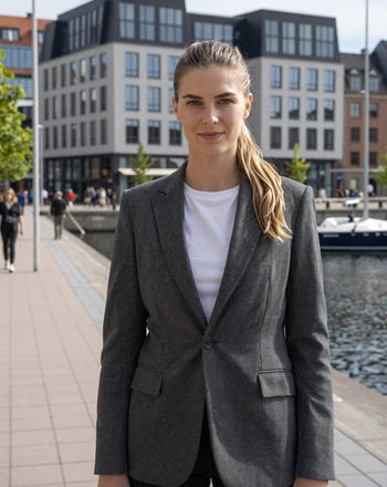 Ida, 33, Danish woman from Copenhagen on a modern waterfront promenade with contemporary architecture behind