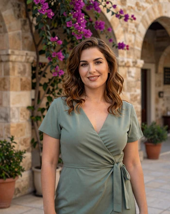Despina, 31, Cypriot woman from Nicosia standing in the old quarter with stone archways and bougainvillea