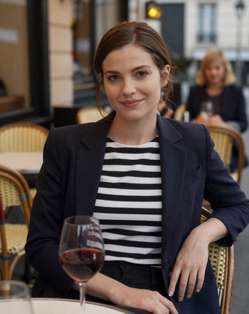 Margaux, 34, French woman from Paris with an elegant smile at a sidewalk cafe