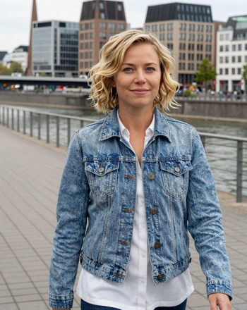 Clara, 30, German woman from Düsseldorf walking along the Rhine River promenade
