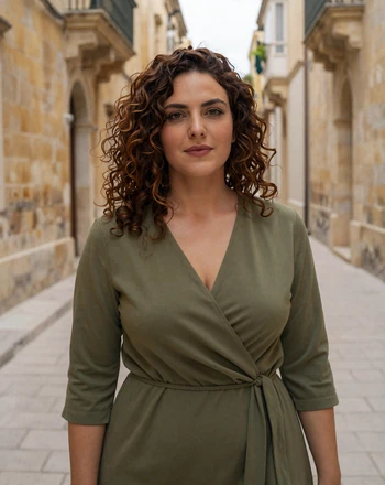Roberta, 33, Maltese woman standing in a narrow medieval street in Mdina with limestone walls