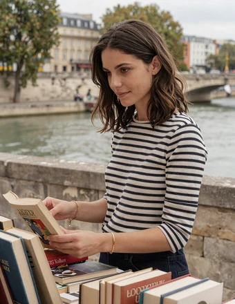 Stylish French woman browsing books at a bouquiniste stall along the Seine in Paris
