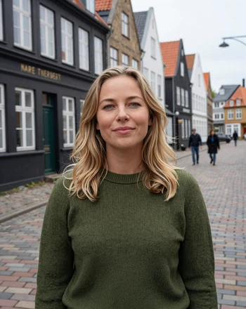 Astrid, 31, Danish woman from Aarhus standing in the Latin Quarter with cobblestone streets and historic buildings
