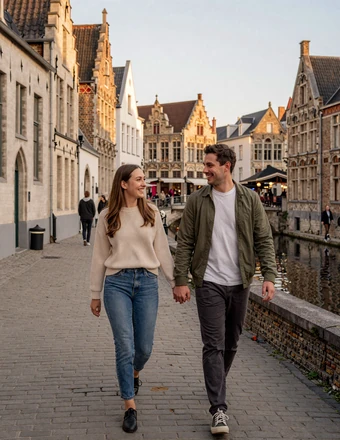 Happy American-Belgian couple walking hand in hand through charming Ghent streets