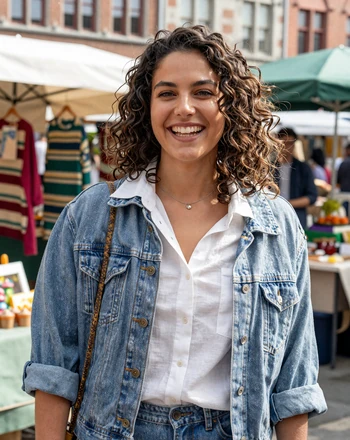 Céline, 29, Belgian woman from Liège laughing naturally at an outdoor market