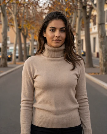 Francesca, 29, Italian woman from Parioli Rome wearing beige turtleneck on a tree-lined autumn avenue