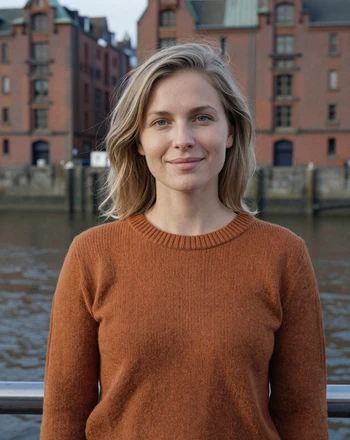 Lena, 27, German woman from Hamburg smiling near the harbor in a rust orange sweater