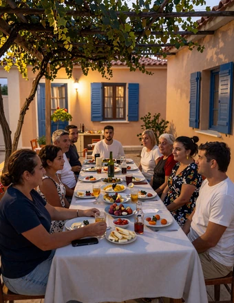 Traditional Cypriot family gathering outdoors under a grapevine pergola with meze dishes in a village courtyard at golden hour