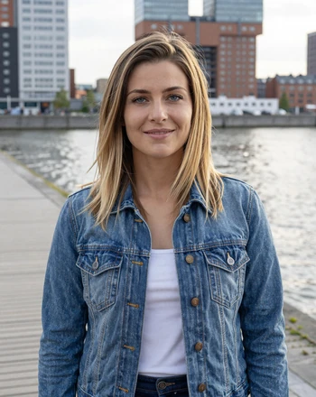 Danique, 27, Dutch woman from Rotterdam with relaxed smile by the modern harbor