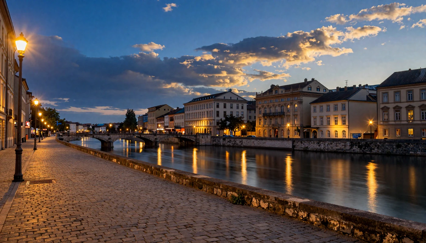 Safe and serene European cityscape at dusk representing trust and security in international dating
