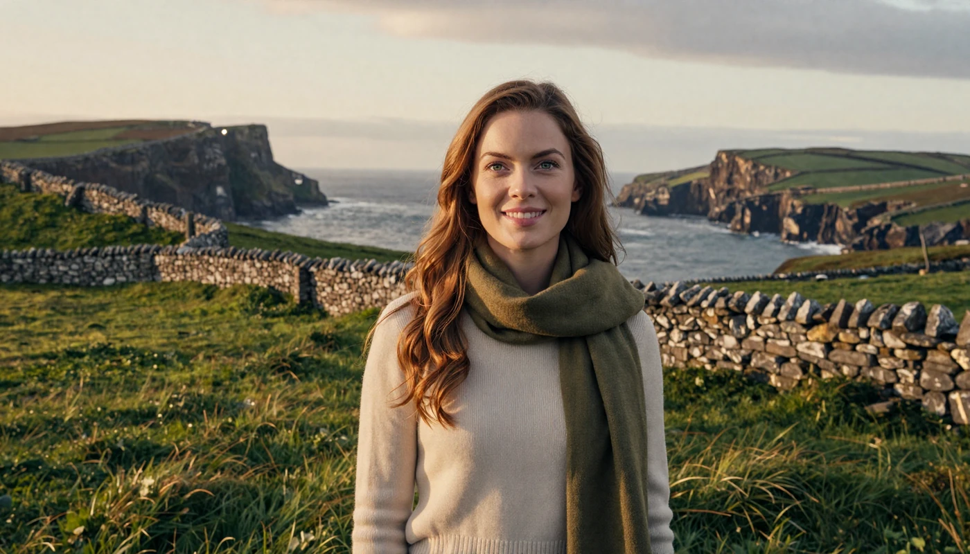 Beautiful Irish woman standing on a lush green hillside overlooking the dramatic Atlantic coastline of Ireland at golden hour