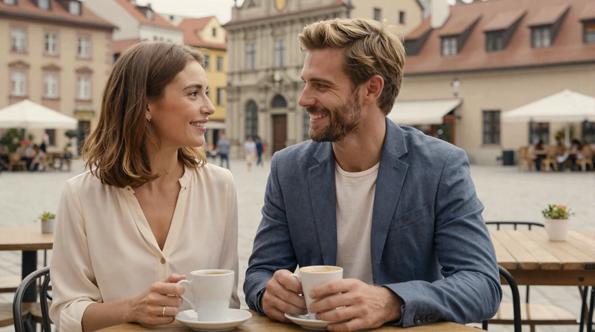Happy American man and European woman enjoying coffee together at a charming outdoor cafe in a European city