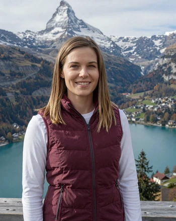 Nina, 31, Swiss woman from Interlaken at a mountain viewpoint with Jungfrau peak and lakes behind