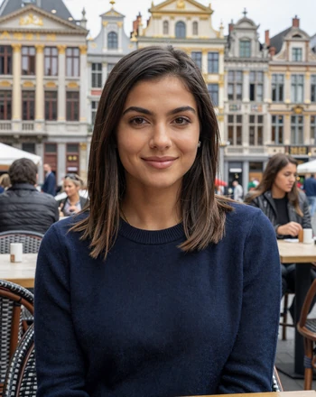 Noor, 28, Belgian woman from Brussels sitting at an outdoor cafe with warm smile