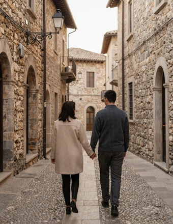Couple walking through a narrow medieval cobblestone street in San Marino old town with stone walls and wrought iron lanterns