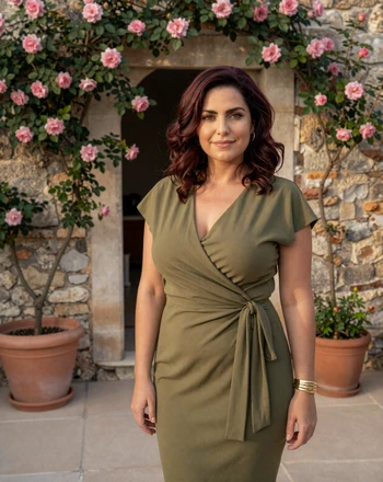 Alessia, 33, San Marinese woman from Domagnano in a stone garden courtyard with climbing roses