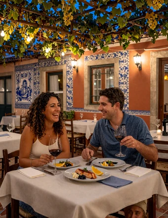 Portuguese couple sharing a traditional bacalhau dinner at a rustic tasca with azulejo tiles and grapevine trellis