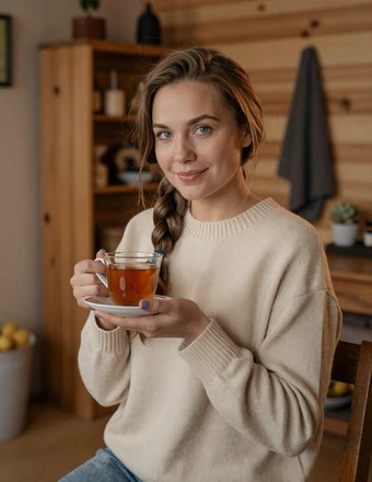 Beautiful Lithuanian woman in a cozy home interior holding tea with a warm genuine smile