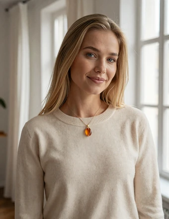 Elegant Latvian woman wearing a cream sweater with an amber pendant necklace in soft natural light
