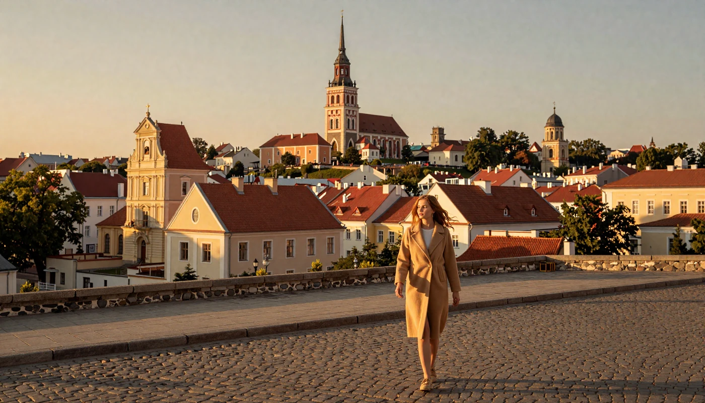 Panoramic view of Vilnius Old Town with baroque spires and red rooftops at golden hour with elegant Lithuanian woman walking cobblestone streets