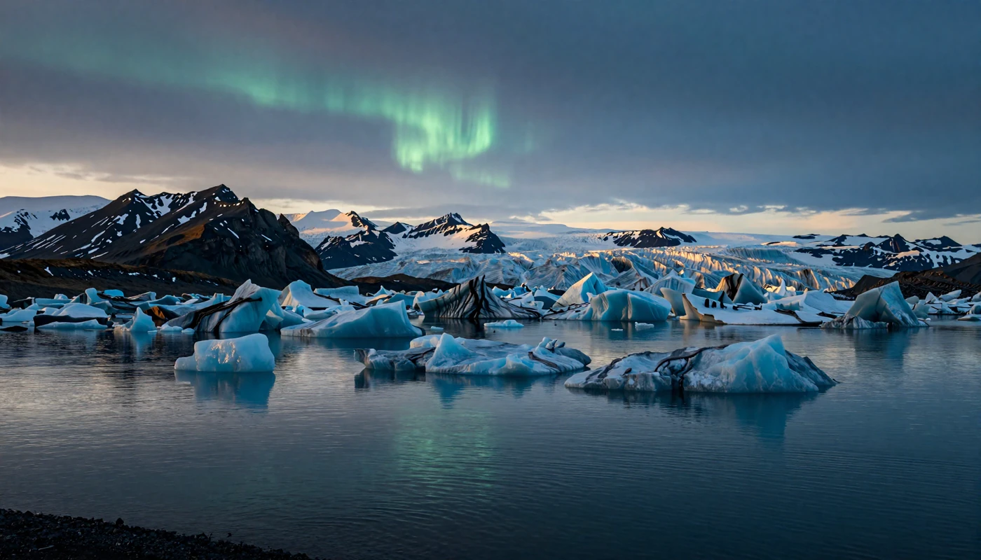 Dramatic Icelandic glacial lagoon landscape with icebergs and volcanic mountains under aurora borealis twilight sky