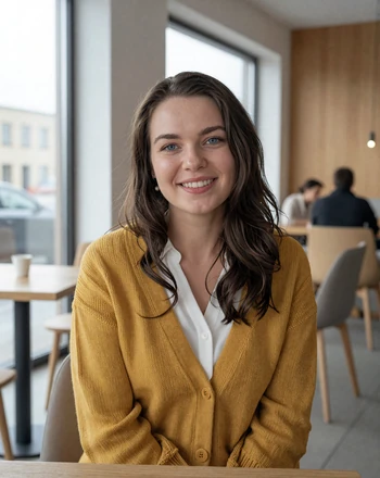 Guðrún, 26, Icelandic woman from Kópavogur sitting in a modern Scandinavian café with natural light