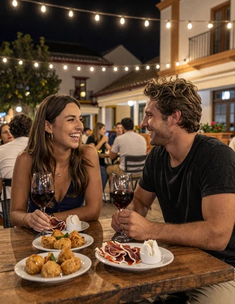 Couple sharing tapas and wine at a lively Spanish plaza bar under warm string lights