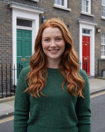 Sienna, 26, verified Irish woman from Dublin smiling on a colorful Georgian street