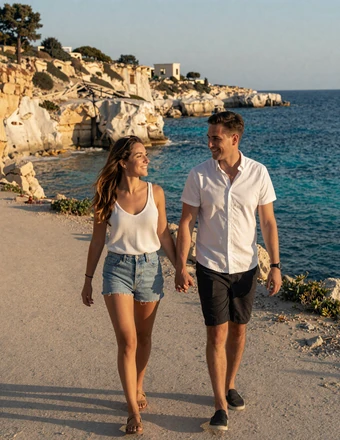 Happy American-Cypriot couple walking hand in hand along a scenic Cyprus coastal path with turquoise sea at sunset