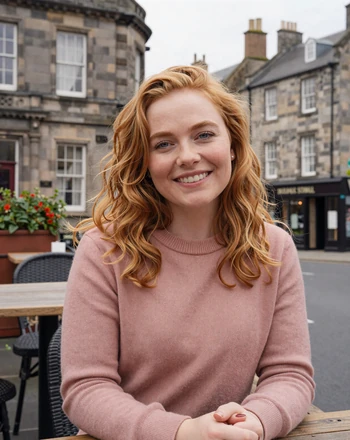 Niamh, 29, Irish woman from Cork smiling at an outdoor cafe with limestone buildings behind