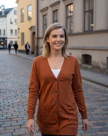 Linnea, 29, Swedish woman from Lund walking through a cobblestone university town street