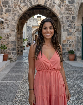 Katerina, 29, Greek woman from Rhodes in the medieval old town with stone archways