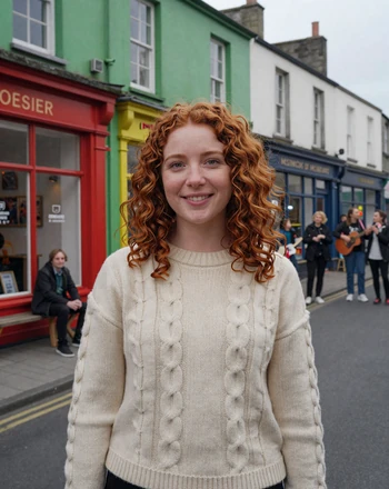 Aoife, 26, Irish woman from Galway standing on a colorful street with painted shop fronts and buskers