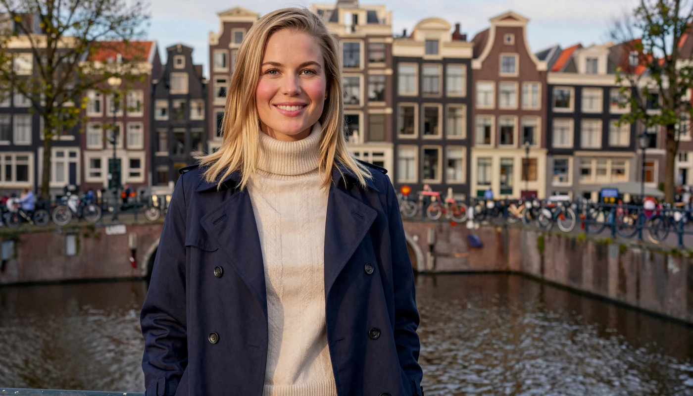 Confident Dutch woman smiling warmly on an Amsterdam canal bridge during golden hour