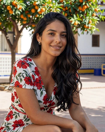 Lucía, 30, Spanish woman from Seville with playful smile in a sunny courtyard with orange trees