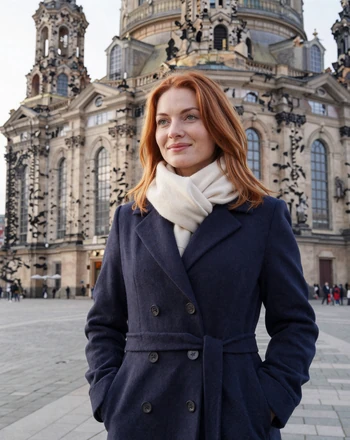 Clara, 30, German woman from Dresden near the Frauenkirche with baroque architecture