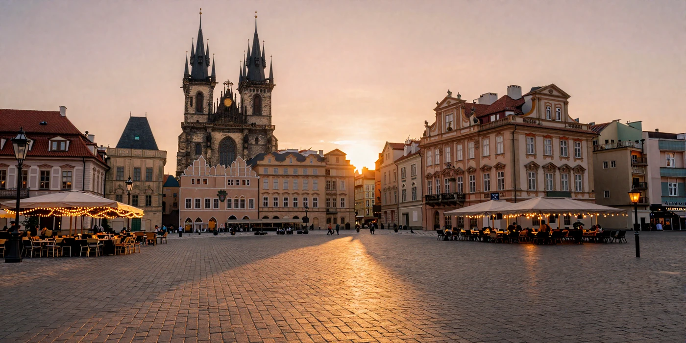 European city square at golden hour reflecting the warmth and romance of cross-cultural connections