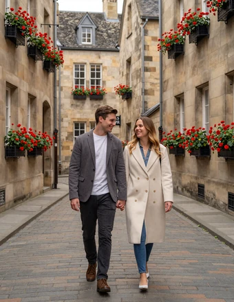 Couple walking through the cobblestone streets of the Grund quarter in Luxembourg City with historic stone buildings