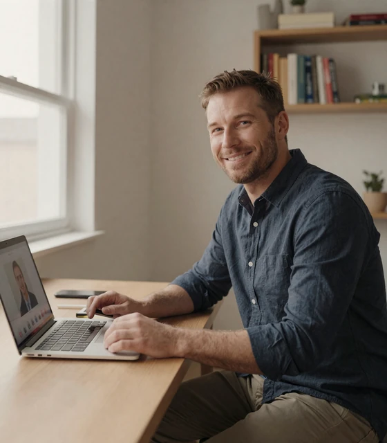 American man preparing for a safe video chat date with a European woman on his laptop