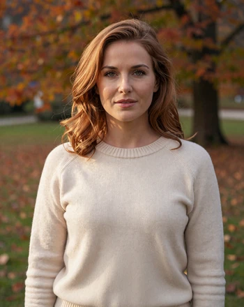 Lena, 31, German woman from Munich standing in a Bavarian park with autumn colors