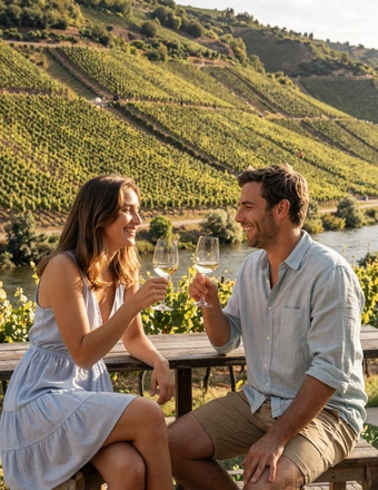 Couple tasting white wine at a vineyard terrace along the Moselle River in Luxembourg with rolling hillsides