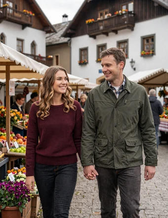 Happy American-German couple walking through a charming Bavarian village marketplace in autumn