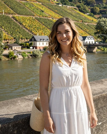 Charlotte, 28, Luxembourg woman standing along the Moselle River promenade in Remich with vineyard hillsides