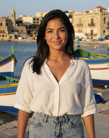 Carmen, 26, Maltese woman from St. Julian's near colorful fishing boats in Spinola Bay