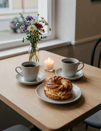 Cozy Swedish fika scene with two coffee cups and cinnamon pastry on a minimalist wooden table