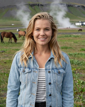 Inga, 25, Icelandic woman from Selfoss in the countryside with geothermal steam and Icelandic horses