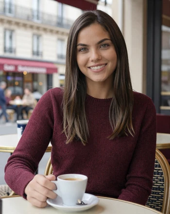 Camille, 28, French woman from Paris enjoying coffee at a charming Parisian cafe